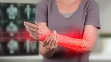 Middle aged woman holding painful joints suffering from chronic illness, arthritis or autoimmune disease. Healthcare, medical condition, patient pain and discomfort concept.