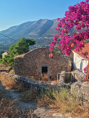 Houses ruines in Drakopoulata, abandonned village in Kefalonia after an earthquake with a panoramic...
