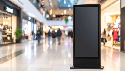 Obraz premium Large black blank vertical billboard stands in shopping mall. Advertising mockup with empty digital screen for marketing in public space on blurred background. Modern business promotion