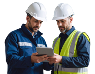 Engineers wearing safety gear, including hard hats examining survey a tablet standing