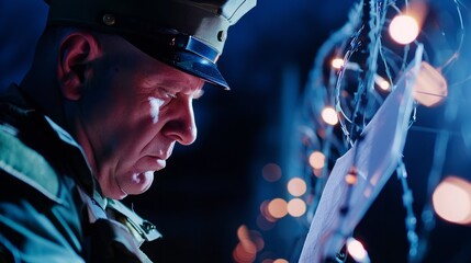 Stern uniformed border patrol officer inspecting documents at night checkpoint, security and immigration control concept for law enforcement and customs authority.
