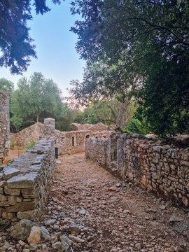 Traditional houses in ruins in Old Vlachata(Palia Vlachata), abandonned village after a devastating earthquake, hidden gem near Sami in Kefalonia island, Greece