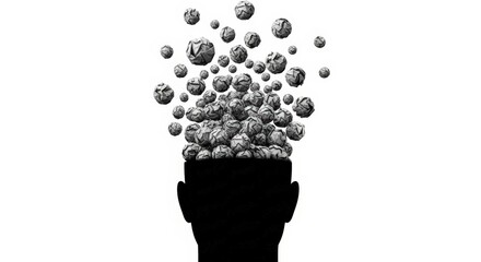 Silhouette of Head with Crumpled Paper Balls Exploding Out in Creative Concept