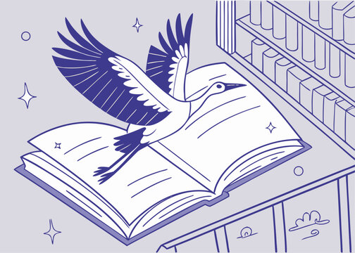 Stork Flying Over an Open Book in a Library Celebrating Book Lovers Day - Powered by Adobe