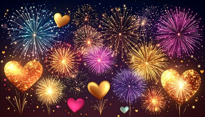 Colorful fireworks with golden hearts