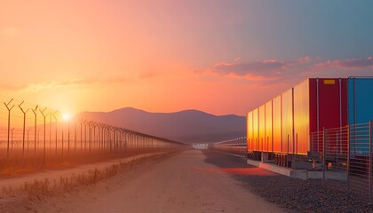 Stunning Sunset Over Freight Trucks Along a Desert Road with Mountain Range in the Background and Fencing in View