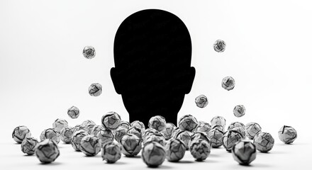 Silhouette of Head Surrounded by Crumpled Paper Balls in Black and White Artistic Composition