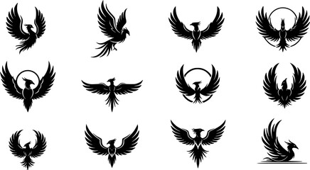 phoenix logo designs, black and white, minimalist, variety of poses, strong wings, stylized, elegant