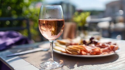 Naklejka premium Pink Rose Wine with Charcuterie Board on Sunny Patio