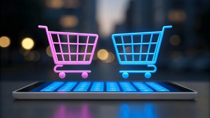 Two neon shopping carts hovering over a glowing tablet screen