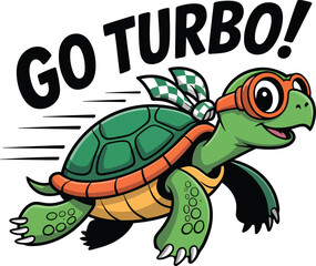 Cartoon turbo turtle with flight goggles and checkered scarf racing forward with Go Turbo text