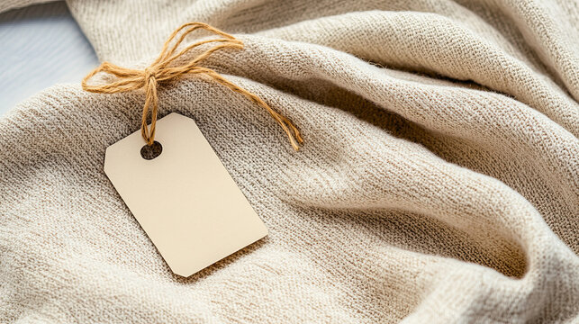 Empty laundry care tag on soft beige fabric shirt with natural finish 