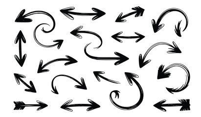Hand drawn vector arrows set depicts various shapes and directions for design elements and creative presentations, silhouette