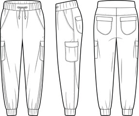 cargo jogger pants flat sketch front side back view technical drawing cad fashion design vector illustration