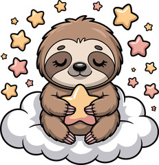  Charming Kawaii Style Sloth Illustration Cloud Star Cute Animal