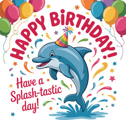 Fototapeta premium Cheerful Birthday Card Featuring Playful Dolphin Confetti Balloons