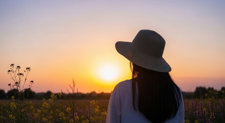 Woman Wearing Wide Brim Hat Standing in Flower Field During Sunset