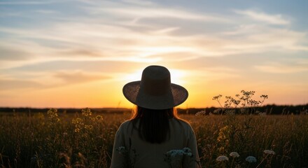 Woman Wearing Wide Brim Hat Standing in Field at Sunset with Cloudy Sky and Flowers