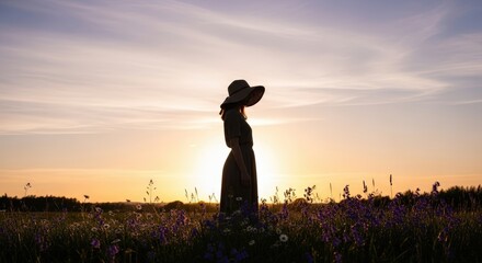Silhouette Woman Wearing Wide Brim Hat Standing in Flower Field at Sunset