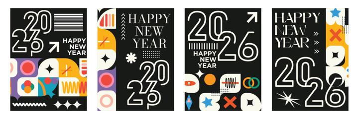 Modern 2026 New Year Poster Set Abstract Geometric Holiday Greeting Card Templates Collection of 2026 Happy New Year card, cover, poster. Vector illustration