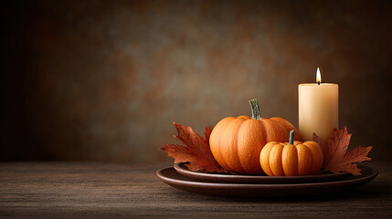 Two pumpkins and lit candle on wooden table create cozy autumn atmosphere