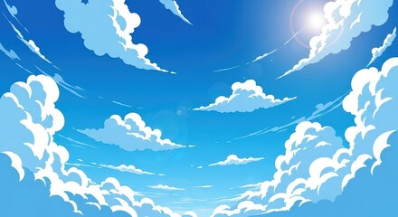 Bright Blue Sky with Fluffy White Clouds and Sunlight in Clear Day
