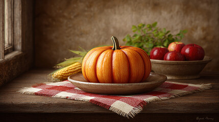Small pumpkin sits on wooden plate with corn and apples in background, creating cozy autumn scene
