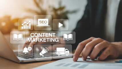 Businessman working on content marketing campaign analysis with digital interface