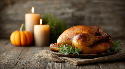 Roasted turkey on rustic table with candles and pumpkin, creating cozy autumn atmosphere