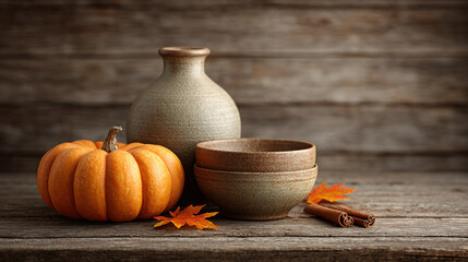 Rustic autumn scene with small pumpkin, ceramic bowls, and vase on wooden background