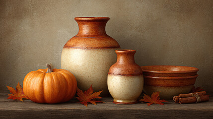 Rustic ceramic vases and bowls with autumn leaves and pumpkin create cozy fall atmosphere