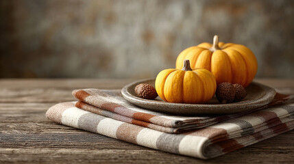 Small pumpkins on rustic plate with acorns, set on folded plaid cloth on wooden table
