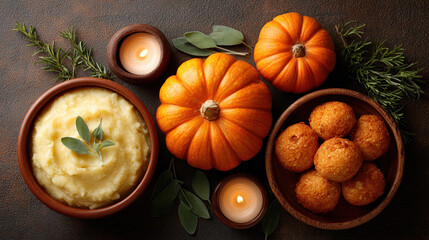 Cozy autumn table setting with mashed potatoes, pumpkins, and fried snacks, surrounded by candles and herbs