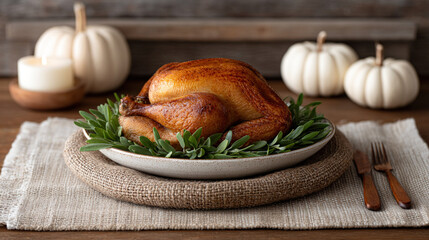 Roasted turkey on plate garnished with fresh herbs, surrounded by white pumpkins and candle, creating cozy autumn atmosphere