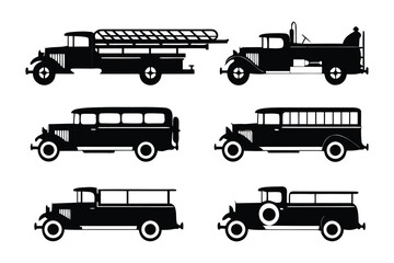Silhouette of Vintage Transportation: A collection of elegant black silhouettes showcasing the design of classic trucks, each conveying a sense of timeless style and purpose.