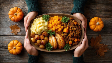 Cozy autumn meal with roasted turkey, mashed potatoes, stuffing, and vegetables on wooden table