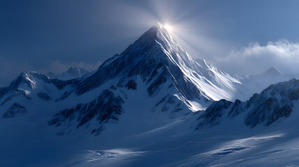 Majestic Mountain Peak: A towering snow-capped mountain reaching towards the sky, illuminated by radiant sun, embodying a sense of awe and the power of nature.
