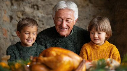 Joyful elderly man with two children enjoying Thanksgiving meal together, featuring roasted turkey centerpiece