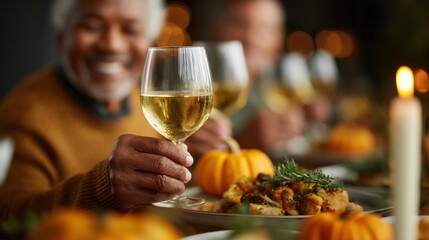 Joyful gathering with people enjoying festive meal, featuring wine and autumn decorations like pumpkins