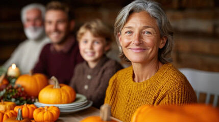 Joyful elderly woman with her family autumn dinner table, surrounded by pumpkins and warm wooden walls