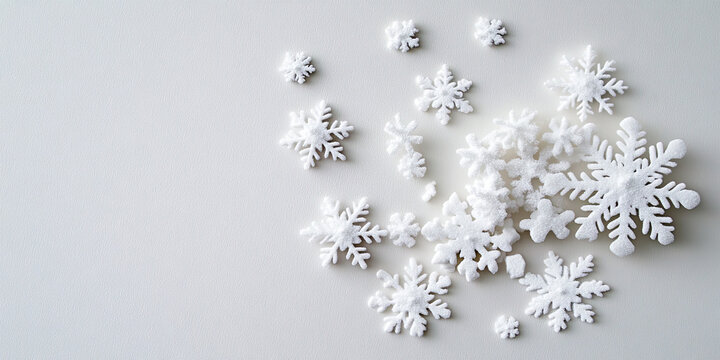 Fresh snowflakes isolated on a white surface with bright winter daylight 