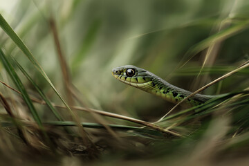 Fototapeta premium A green snake slithers across the grass.