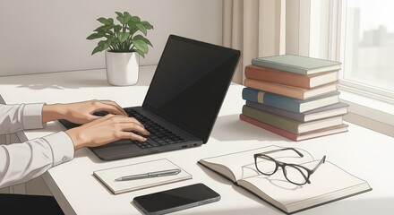 Work Desk with Laptop Books Glasses Notepad and Pen in Bright Office Setting