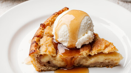 Slice of apple pie with ice cream, caramel glaze and crumbly crust, served on white plates. AI generated.