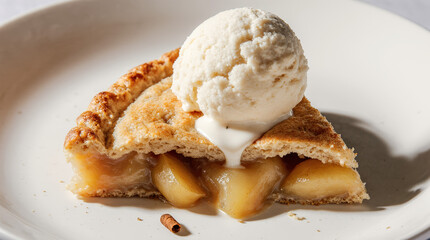 Slice of apple pie with ice cream, caramel glaze and crumbly crust, served on white plates. AI generated.