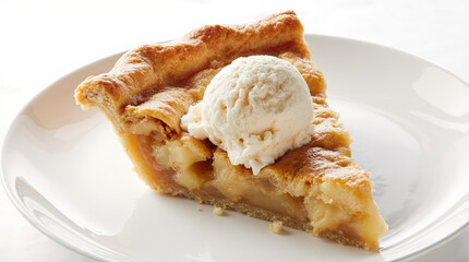 Slice of apple pie with ice cream, caramel glaze and crumbly crust, served on white plates. AI generated.