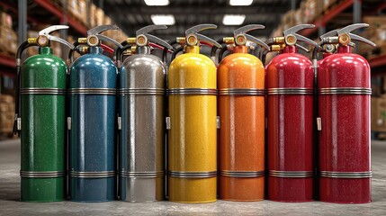 Colorful fire extinguishers lined up in a warehouse setting