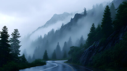 Mystic Road through the Mountains: A winding road traverses a misty mountain landscape, enveloped by an atmospheric fog and towering evergreen trees, a picture of journey and exploration.