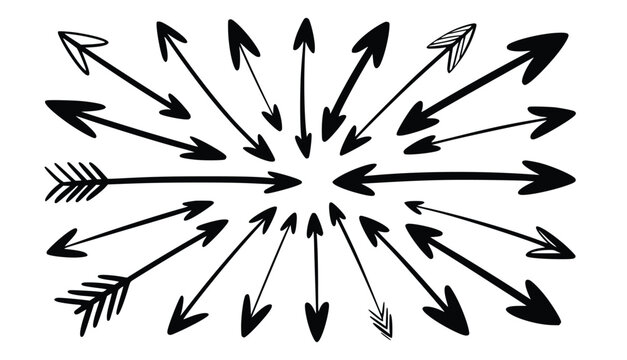 Black graphic arrows radiating from a central point create a striking directional pattern against a white backdrop, silhouette