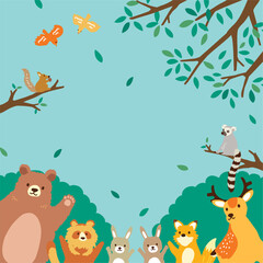 Obraz premium 森の動物たち 背景イラスト